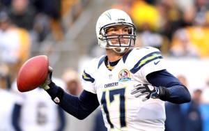 December 9, 2012; Pittsburgh, PA, USA; San Diego Chargers quarterback Philip Rivers (17) passes against the Pittsburgh Steelers during the second quarter at Heinz Field. The San Diego Chargers won 34-24. Mandatory Credit: Charles LeClaire-USA TODAY Sports